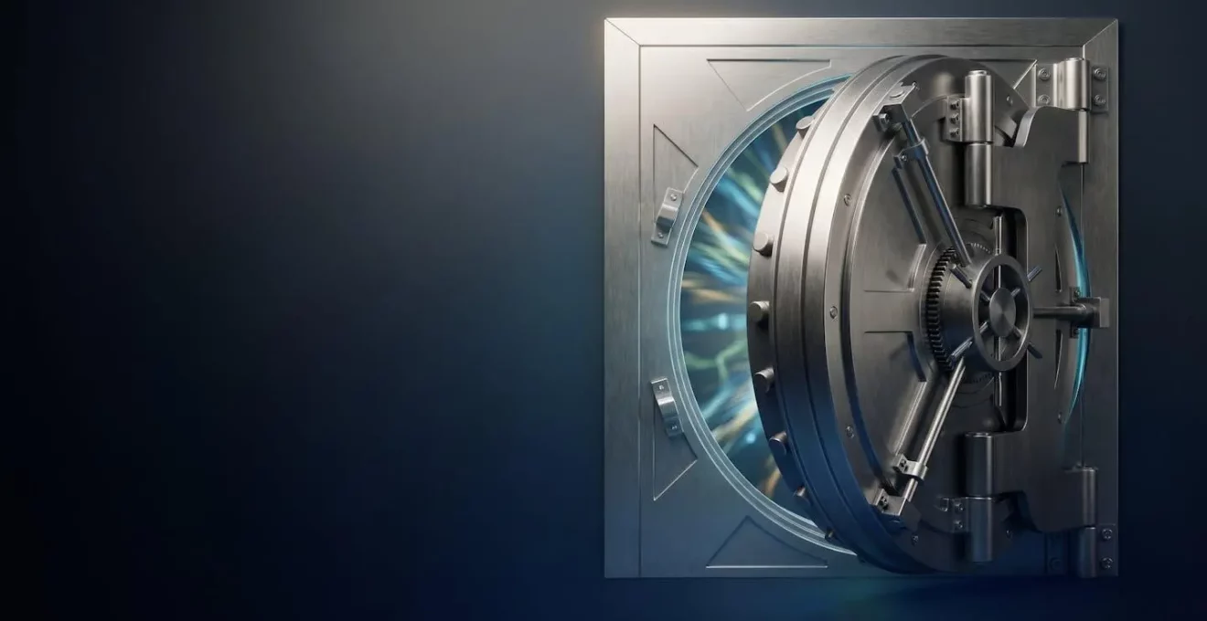 Professional photograph depicting digital security with cryptographic keys and secure hardware elements in a clean, minimalist composition