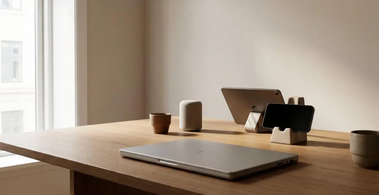 Professional workspace showing seamless device integration with natural lighting and minimal composition