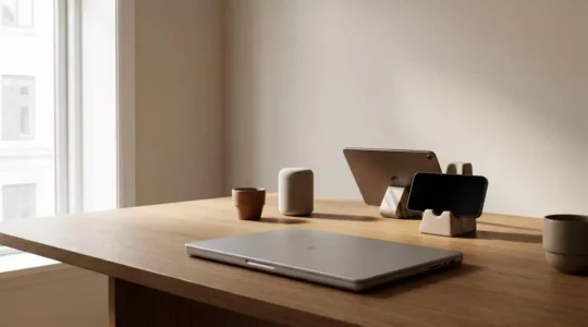 Professional workspace showing seamless device integration with natural lighting and minimal composition