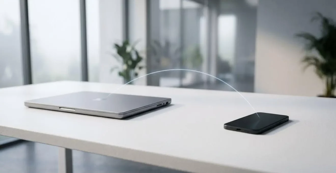 Professional editorial photograph showing the complexity of cloud file synchronization across multiple devices
