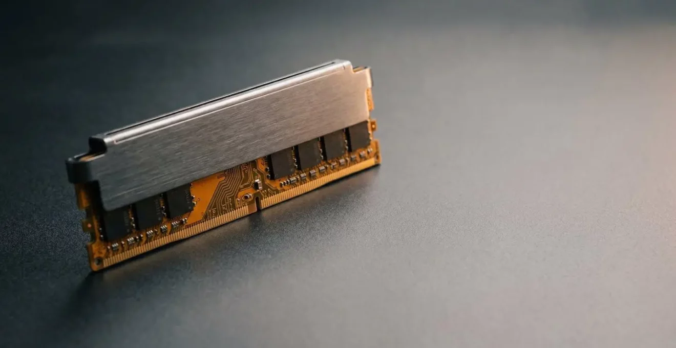 High-tech DDR5 RAM module highlighted against minimalist background showing premium build quality