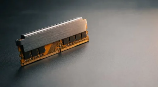 High-tech DDR5 RAM module highlighted against minimalist background showing premium build quality