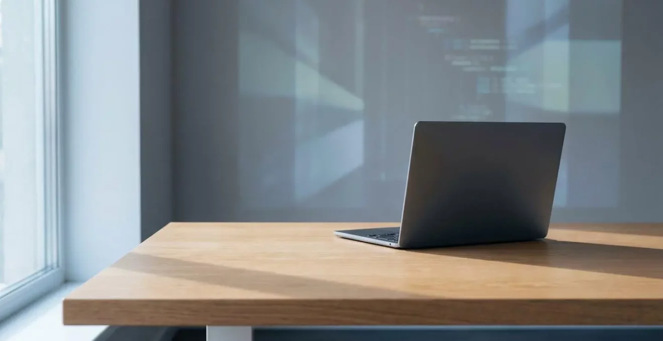 Professional privacy audit scene showing minimalist workspace with abstract data flow visualization