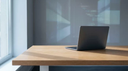 Professional privacy audit scene showing minimalist workspace with abstract data flow visualization