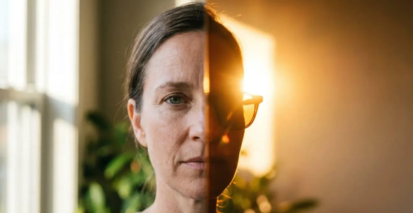 Close-up split composition showing identical facial features with contrasting lighting conditions to represent biometric authentication challenges
