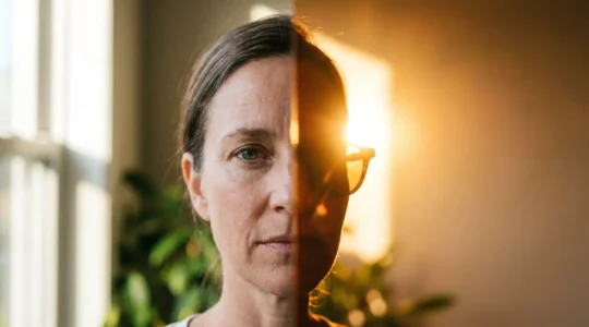 Close-up split composition showing identical facial features with contrasting lighting conditions to represent biometric authentication challenges