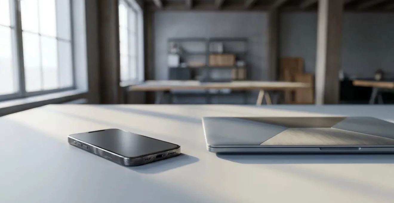High-end flagship smartphone and affordable laptop side by side showing performance contrast for professional work
