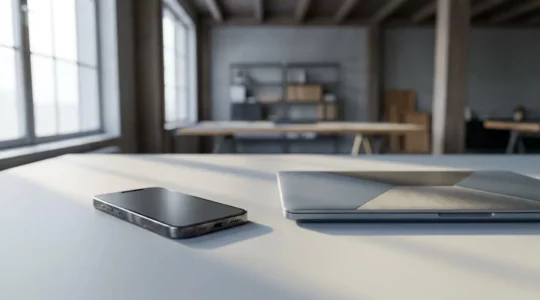 High-end flagship smartphone and affordable laptop side by side showing performance contrast for professional work