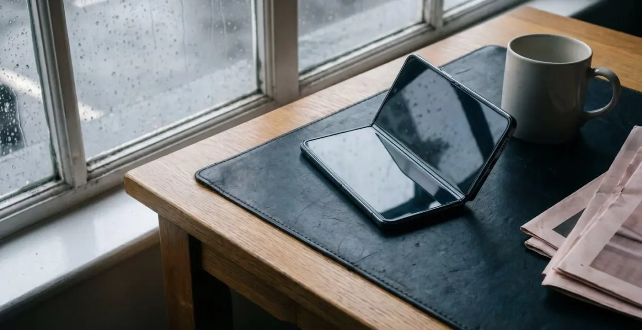 Foldable smartphone in professional UK environment demonstrating daily use reliability