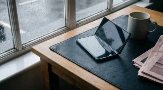 Foldable smartphone in professional UK environment demonstrating daily use reliability