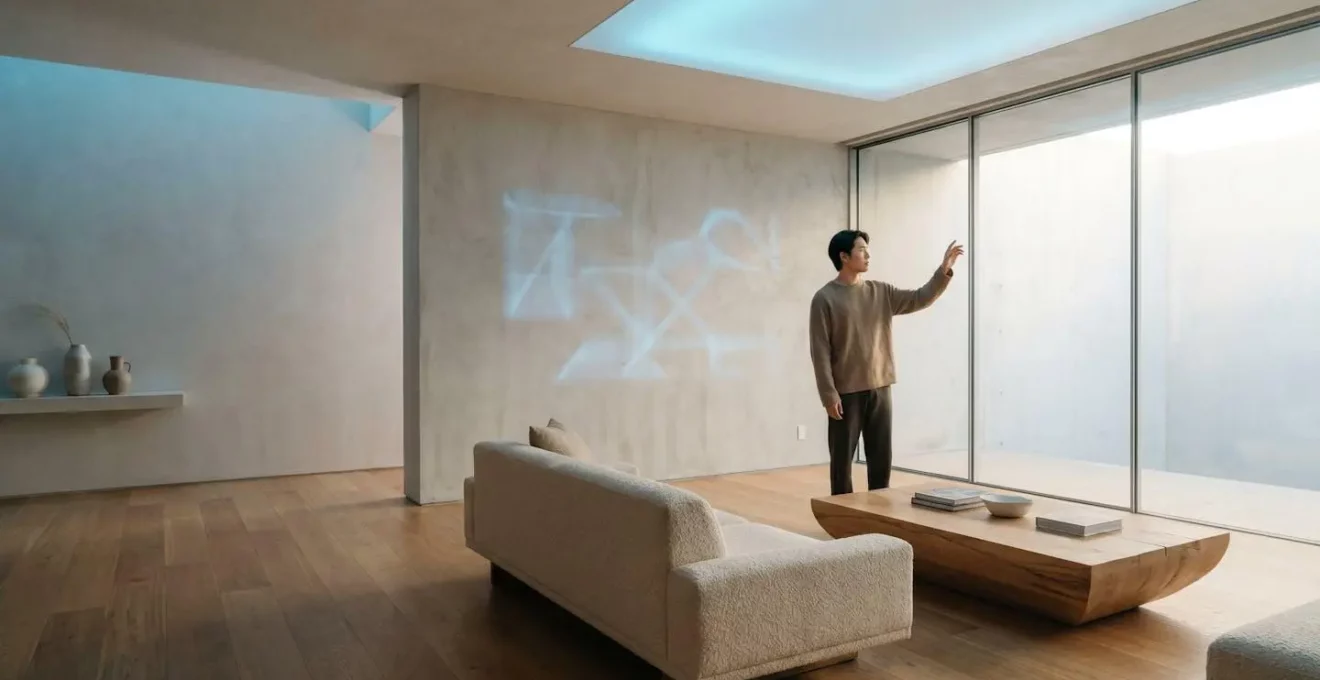 Future technology seamlessly integrated into modern daily routine with ambient smart devices in a minimalist living space
