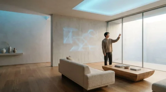 Future technology seamlessly integrated into modern daily routine with ambient smart devices in a minimalist living space