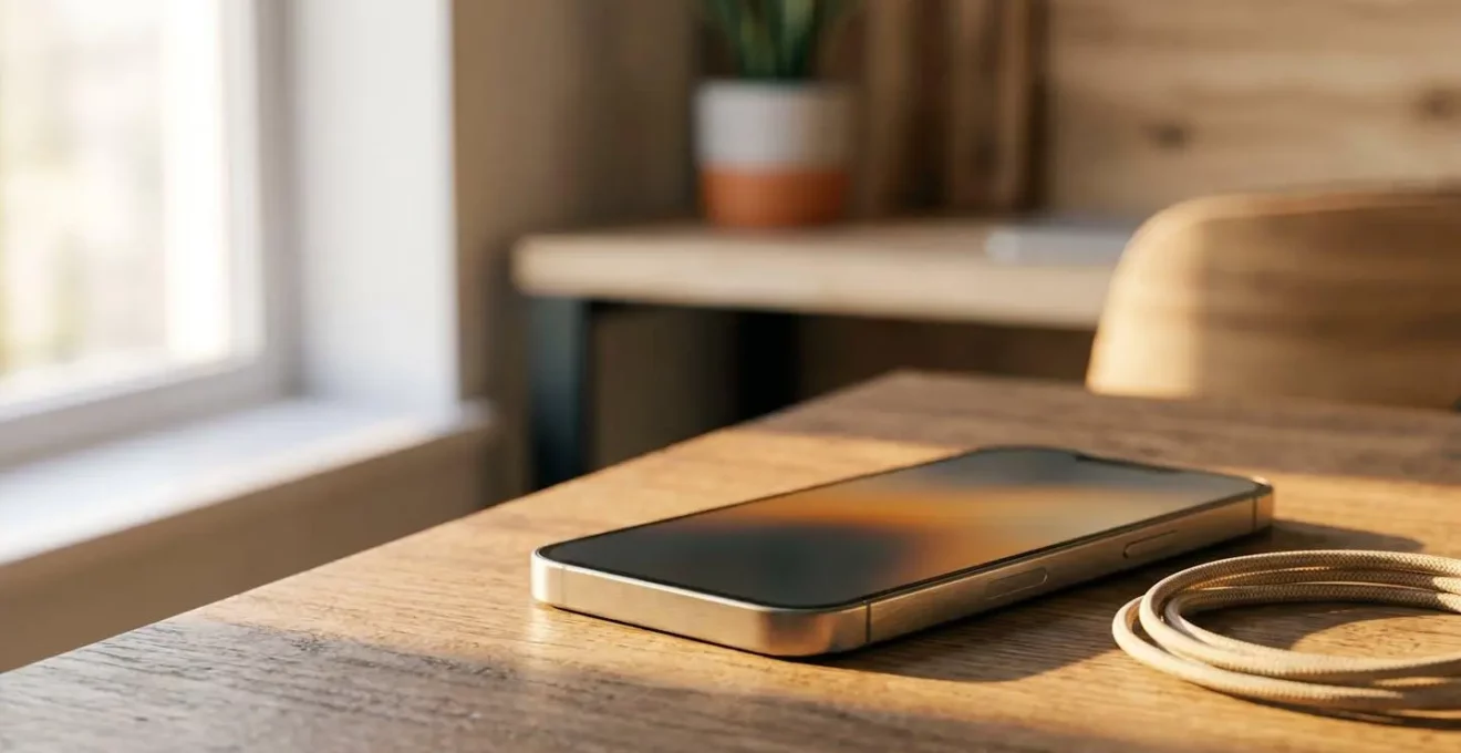 Close-up of modern smartphone with battery indicator showing optimal health level in natural lighting