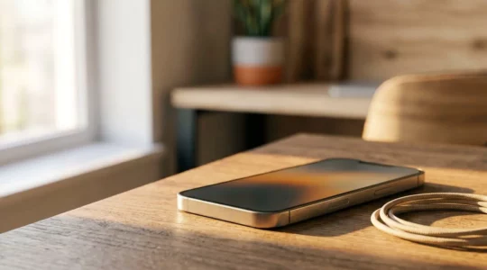Close-up of modern smartphone with battery indicator showing optimal health level in natural lighting