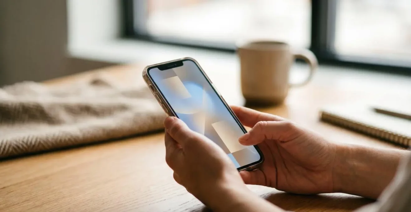 Close-up of hands interacting with iPhone settings interface in modern workspace environment