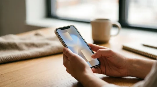 Close-up of hands interacting with iPhone settings interface in modern workspace environment