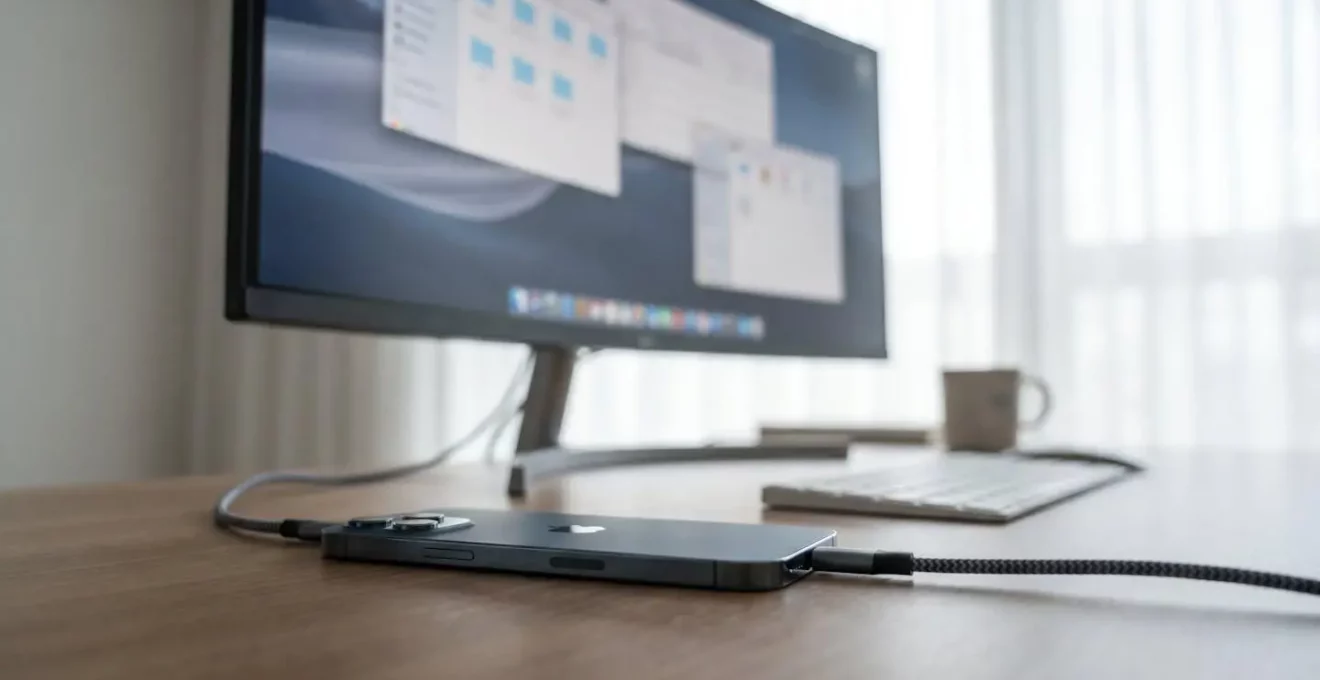 Professional photo capturing smartphone connected to external monitor displaying true desktop multitasking interface with multiple application windows