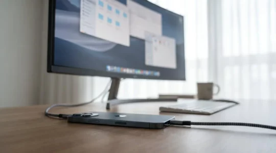 Professional photo capturing smartphone connected to external monitor displaying true desktop multitasking interface with multiple application windows