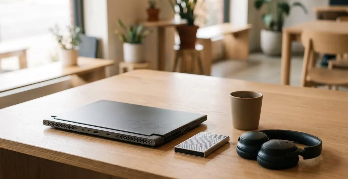 Professional video editor working on portable setup with external monitor in modern workspace environment