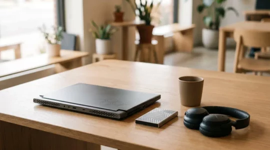 Professional video editor working on portable setup with external monitor in modern workspace environment