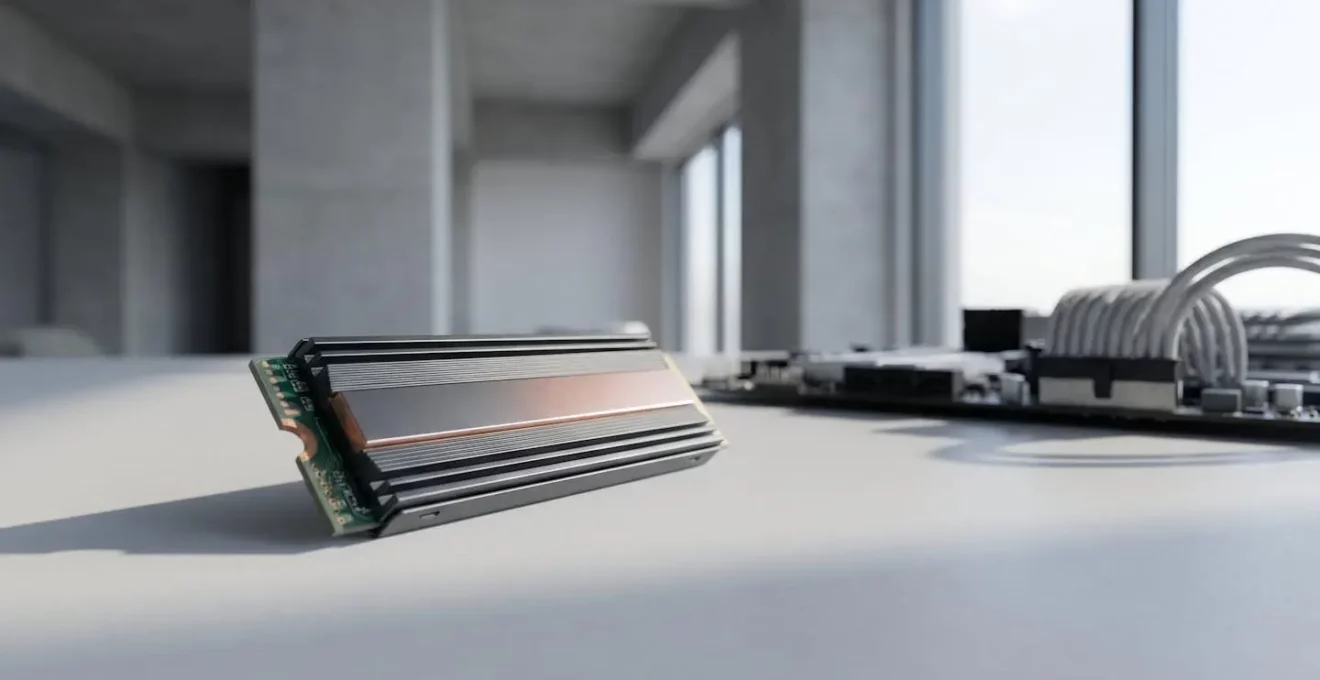 High-speed NVMe solid-state drive with visible heat dissipation in gaming setup environment