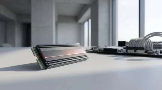 High-speed NVMe solid-state drive with visible heat dissipation in gaming setup environment