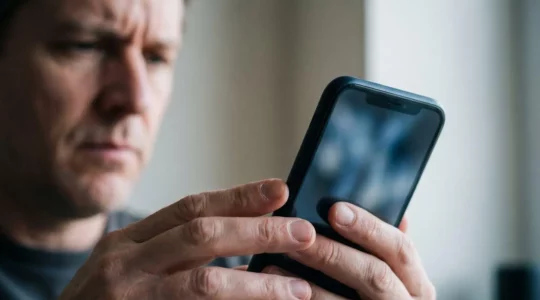 Close-up of hands holding smartphone displaying authentic-looking notification, emphasizing trust and digital deception