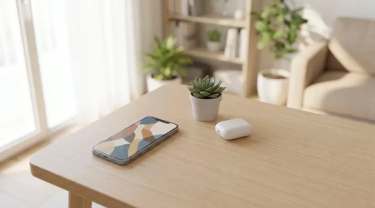 Professional workspace showing smartphone productivity transformation through clean minimalist design