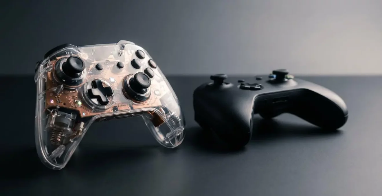 High-end gaming controller with exposed precision components in professional studio lighting