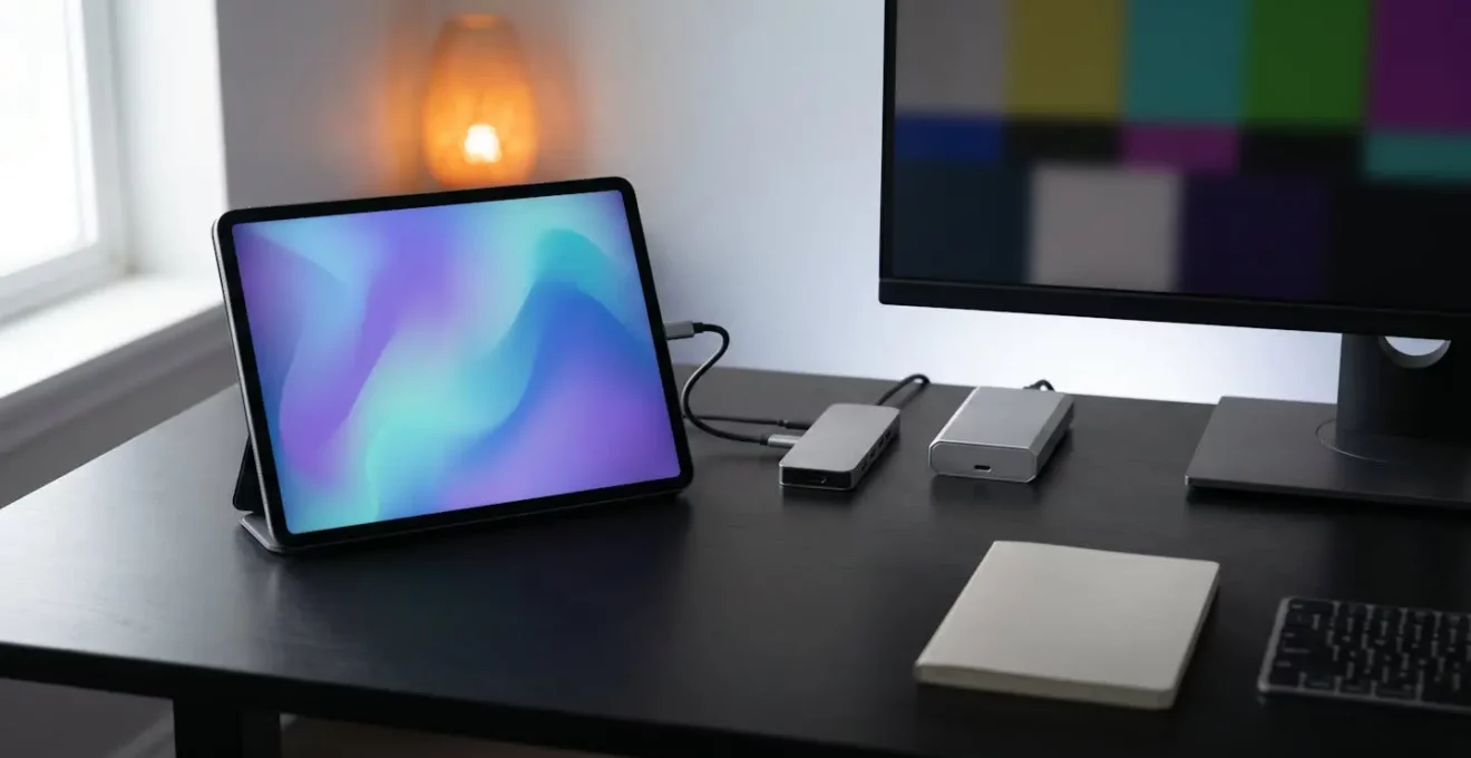 iPad Pro with video editing interface showing 4K timeline with external SSD and color-calibrated monitor
