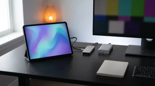 iPad Pro with video editing interface showing 4K timeline with external SSD and color-calibrated monitor
