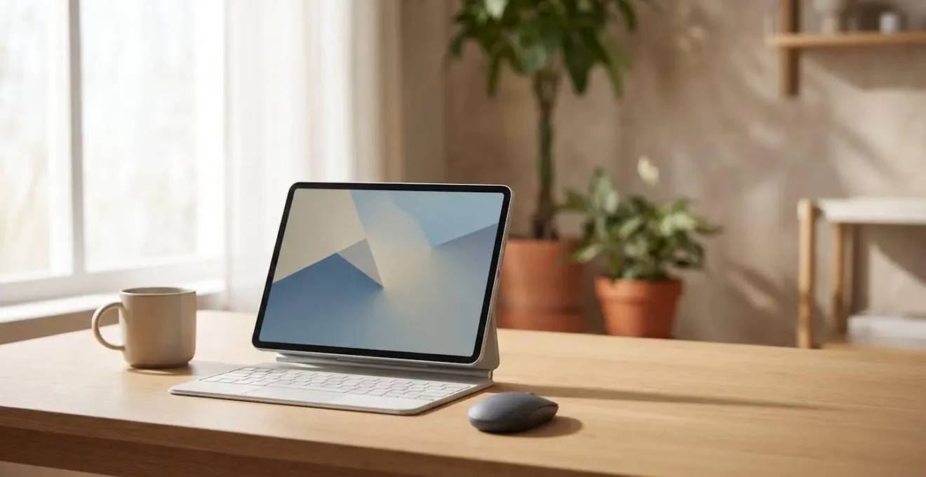Professional developer working on iPad Pro with external keyboard in modern workspace setting
