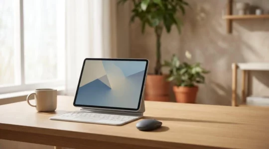 Professional developer working on iPad Pro with external keyboard in modern workspace setting