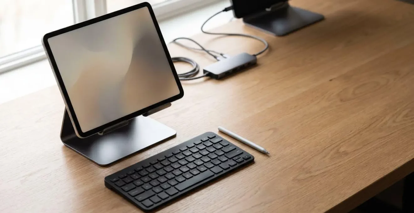 Professional tablet setup with wireless keyboard, stylus, and external accessories creating a versatile workstation for design, coding, and presentations