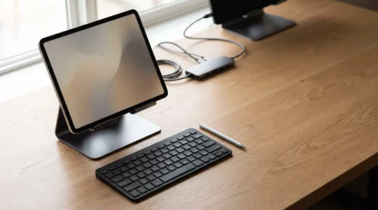 Professional tablet setup with wireless keyboard, stylus, and external accessories creating a versatile workstation for design, coding, and presentations