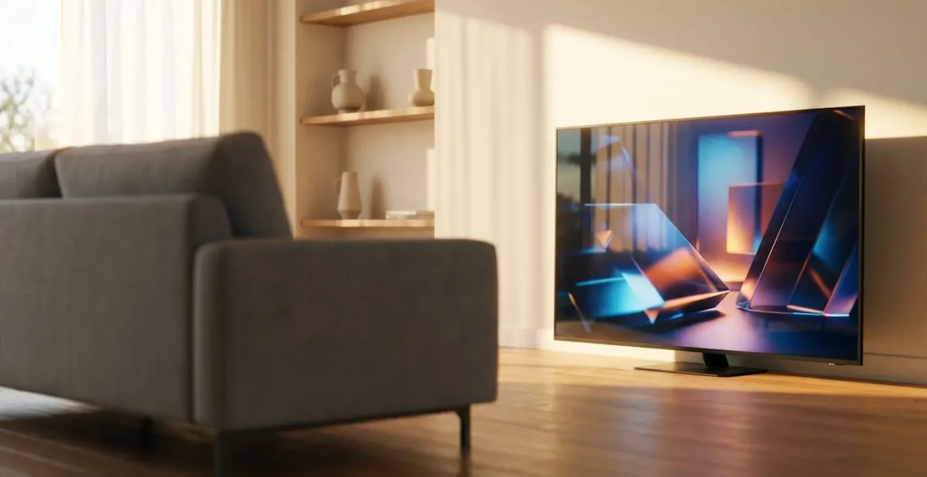 Modern living room with gaming TV at typical viewing distance demonstrating ray-traced lighting effects