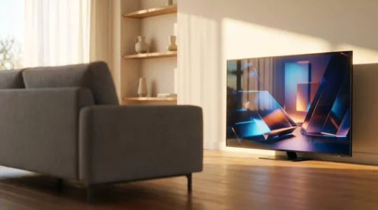 Modern living room with gaming TV at typical viewing distance demonstrating ray-traced lighting effects