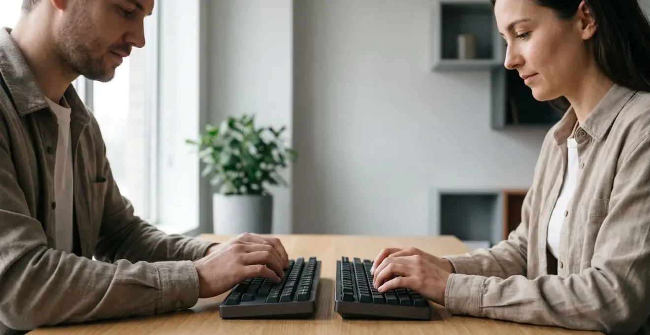 Two developers collaborating on code in real-time through cloud-based development environment