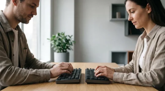 Two developers collaborating on code in real-time through cloud-based development environment