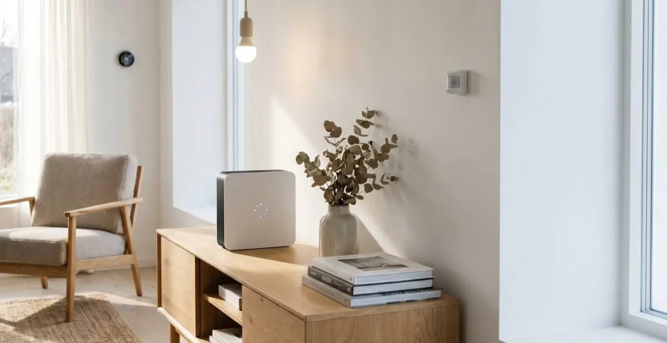 Multiple smart home devices surrounding a central hub controller in a modern home environment showing connectivity and automation complexity