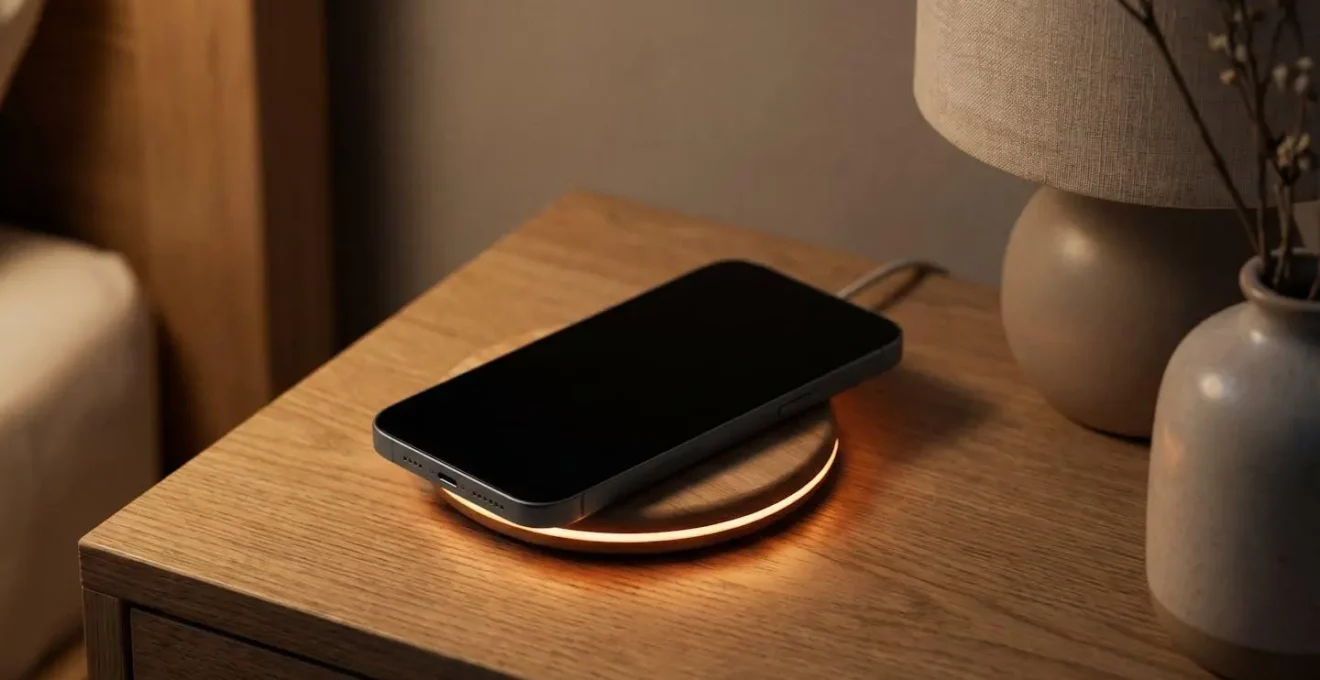 Smartphone on wireless charger with battery indicator showing 80% charge level in soft evening light