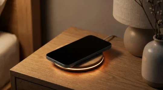 Smartphone on wireless charger with battery indicator showing 80% charge level in soft evening light