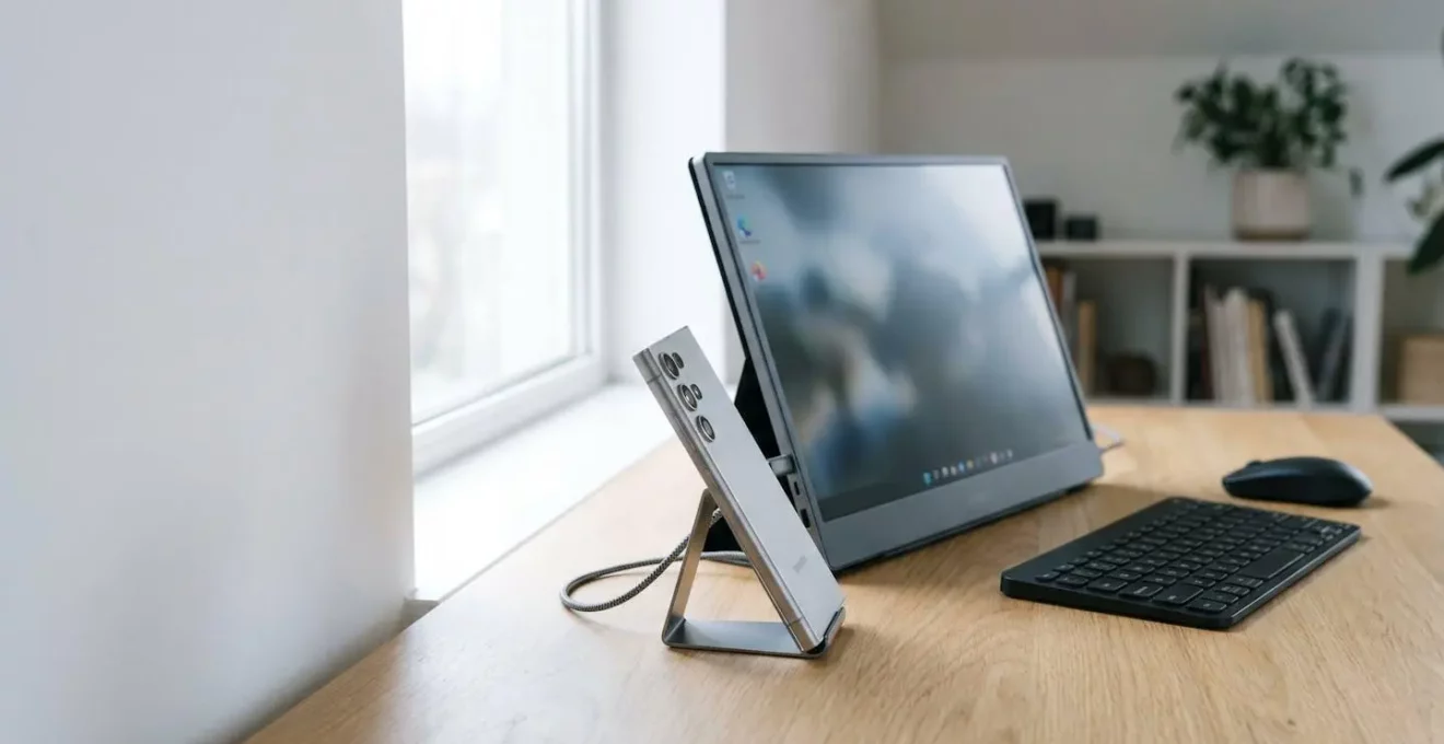 Professional mobile workstation setup with smartphone connected to portable monitor creating laptop replacement environment