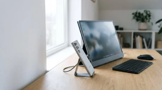Professional mobile workstation setup with smartphone connected to portable monitor creating laptop replacement environment