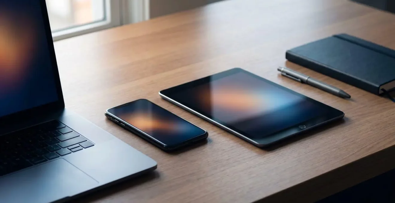 Professional workspace showing multiple connected devices with subtle financial decision-making elements
