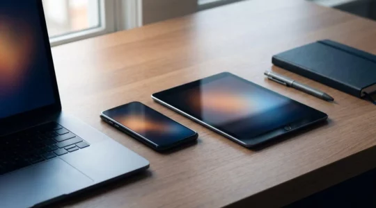 Professional workspace showing multiple connected devices with subtle financial decision-making elements