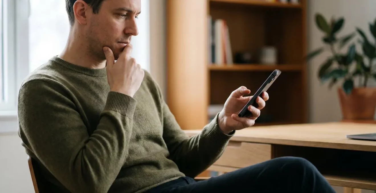 Person contemplating sustainable technology choices with environmental impact visualization