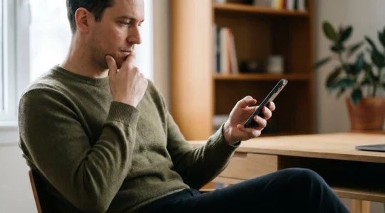 Person contemplating sustainable technology choices with environmental impact visualization