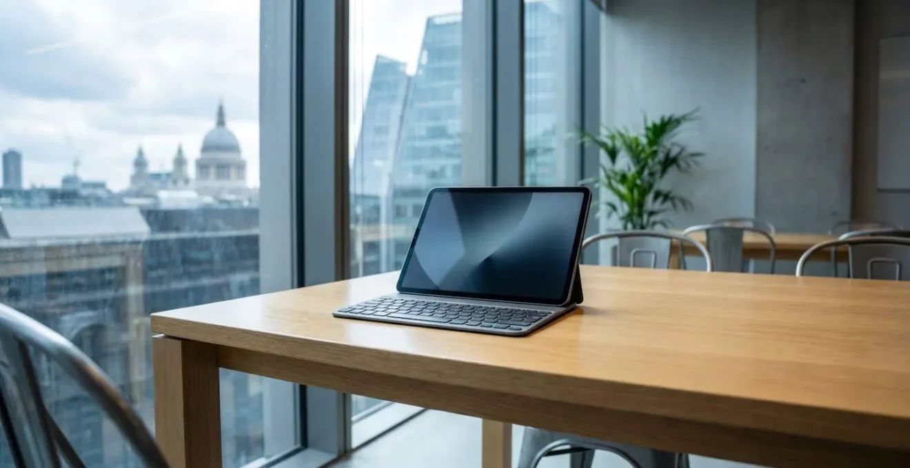 Professional workspace showing a tablet with keyboard setup on a modern desk in a UK office environment
