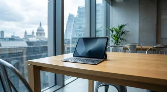 Professional workspace showing a tablet with keyboard setup on a modern desk in a UK office environment